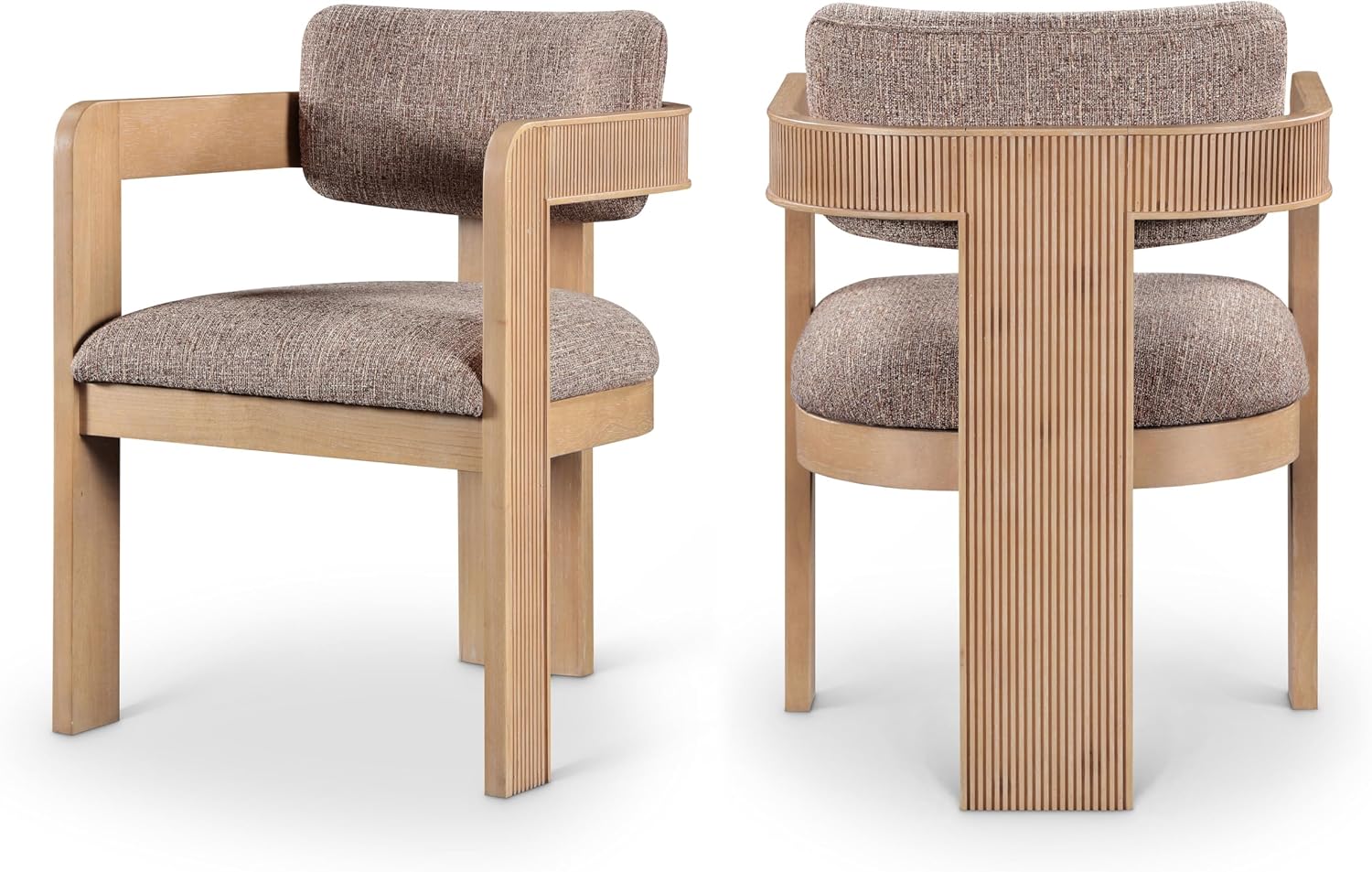 Meridian Furniture Sacha Collection Art Deco Dining Chair, Solid Fluted Wood, 22.5' W x 22' D x 31' H, Set of 2 (Brown, Natural Finish, Linen Textured Fabric)