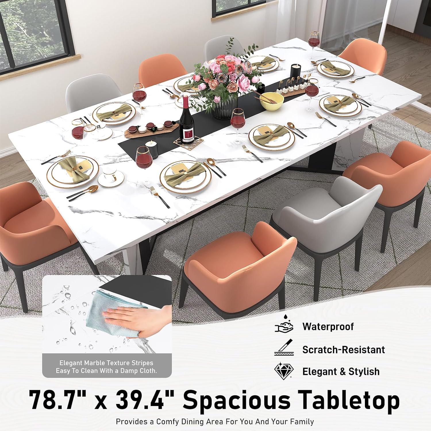 Hlivelood 78Inch Large Dining Table for 6 8 People,Wooden Rectangular Kitchen Table W/Waterproof Tabletop,Large Rectangle Furniture W/Adjustable Legs,White Dinner Table for Kitchen Dining Room(78IN)