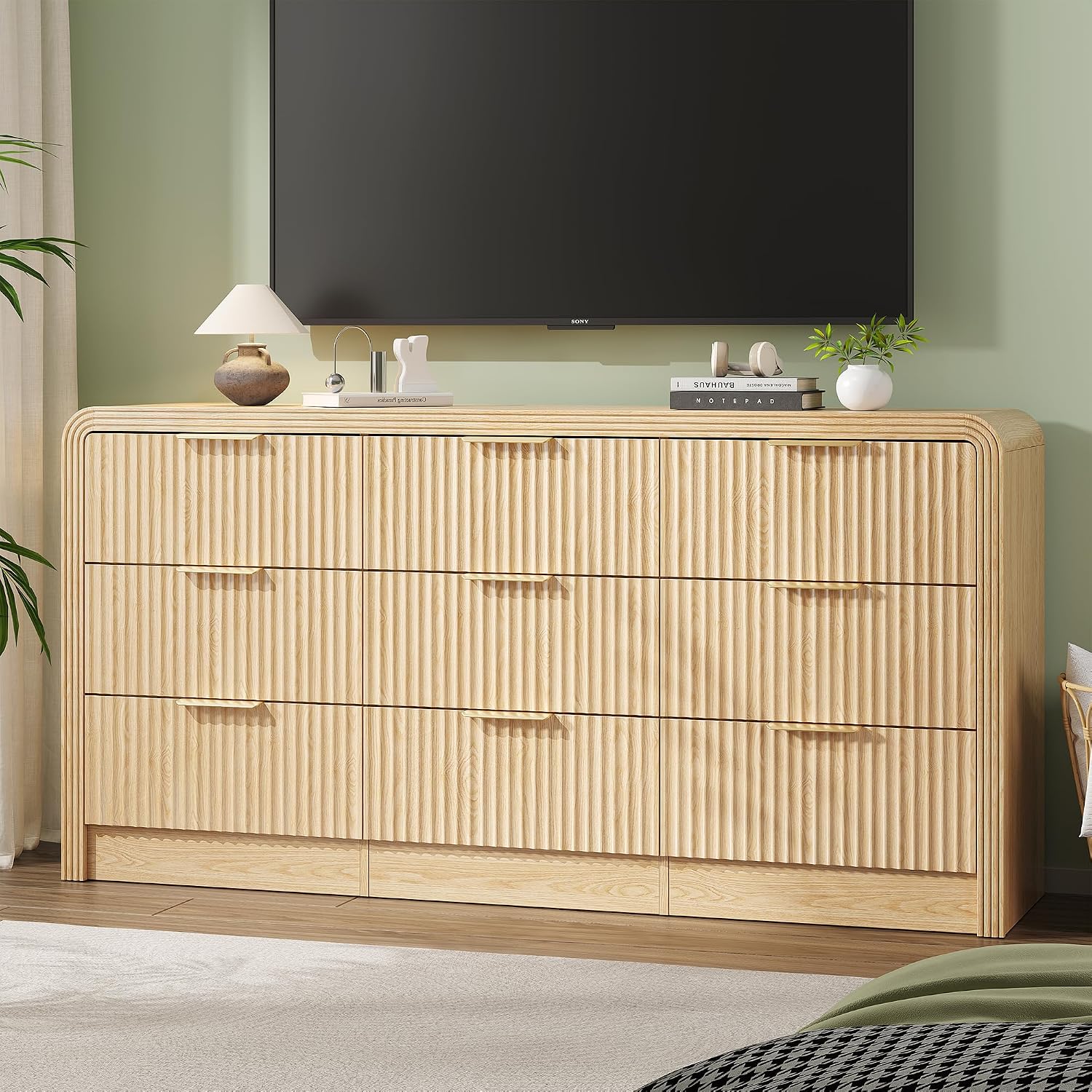 Decofy Fluted 9 Drawers Dresser, 63'' Wide Modern Chest of Drawers with Round Edge & Metal Handle, Wood Drawer Organizer for Bedroom, Living Room, Oak