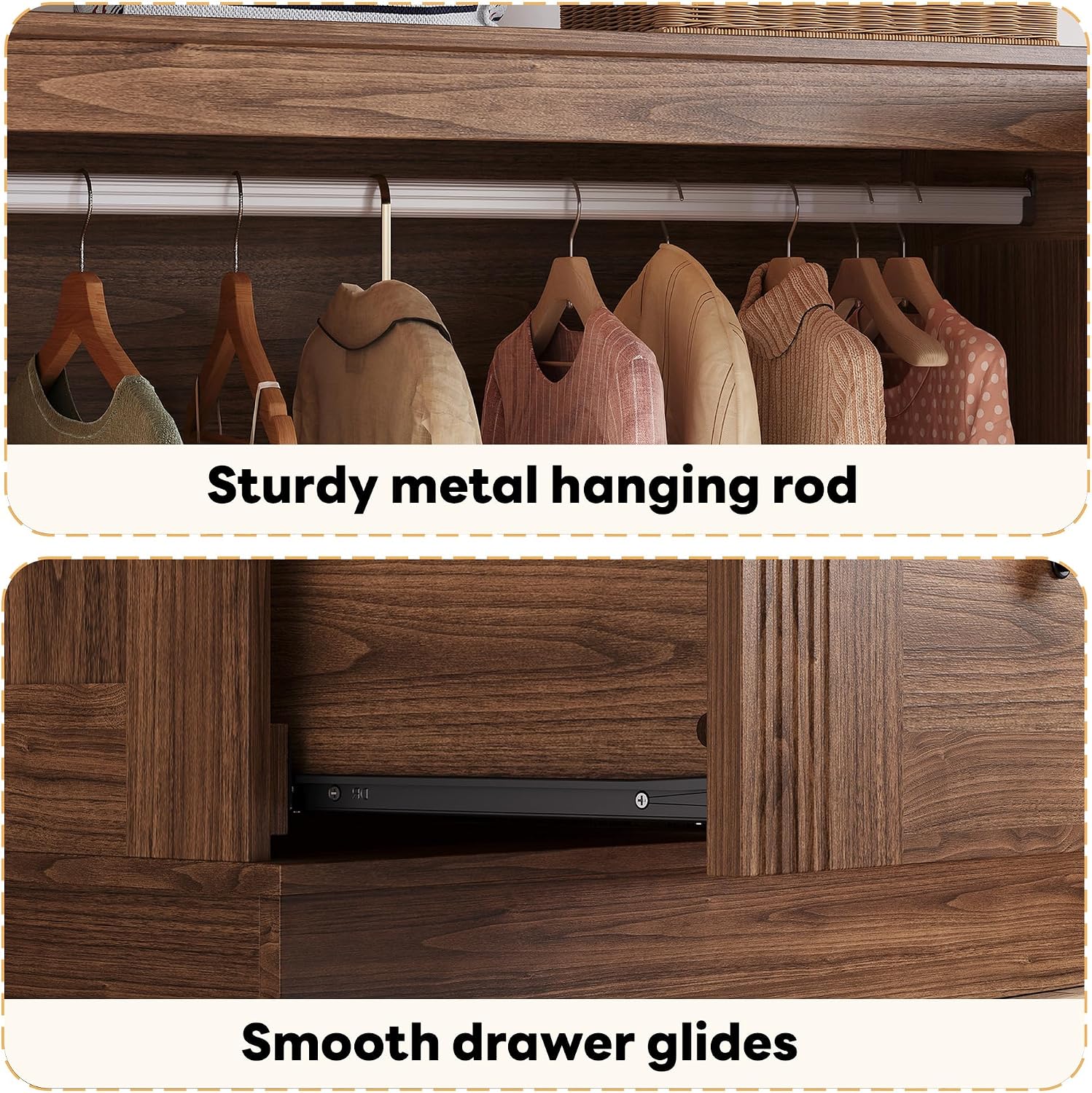 LIKIMIO Farmhouse Wardrobe Closet with Doors, 70' Bedroom Armoires with LED Lights and Hanging Rod, Wooden Large Wardrobe Cabinet with 2 Drawers and 1 Cabinet, Walnut