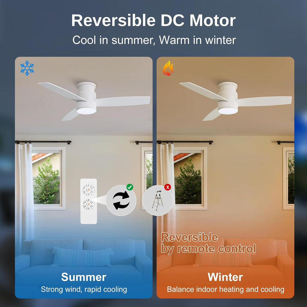 WINGBO 44 Inch Flush Mount DC Ceiling Fan with Lights and Remote, 3 Reversible Blades in White/Oak Finish, 6-Speed DC Motor, 3CCT, Low Profile White Ceiling Fan for Bedroom, Indoor/Outdoor Use