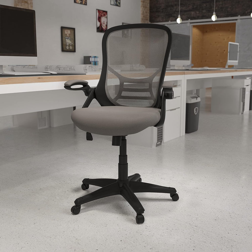 Flash Furniture Porter High-Back Swivel Office Chair with Adjustable Lumbar Support and Seat Height, Ergonomic Mesh Desk Chair with Flip-Up Armrests, Gray/Black