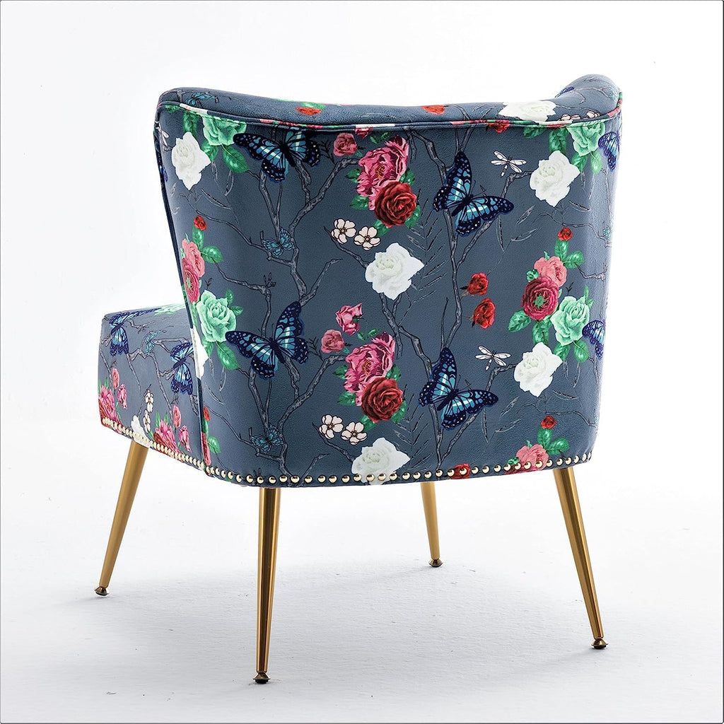 Container Furniture Direct Thia Armless Accent Chair for Living Room, Elegant Seat with Nailhead Trim, Gold Metal Legs and Comfortable Curved Back, 28' D x 25' W x 29.5' H, 07 Floral Print