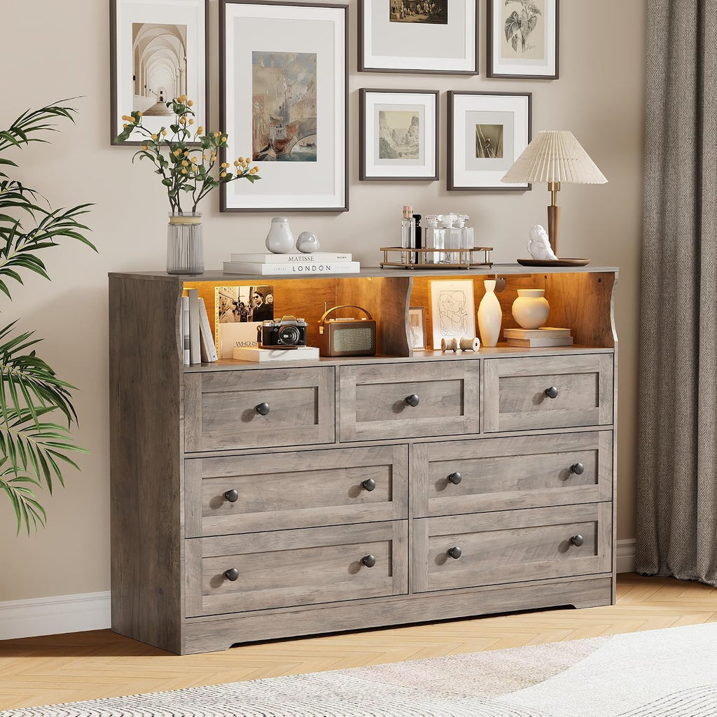 IDEALHOUSE Dresser for Bedroom with 7 Drawers, LED Lights & Charging Station, Wooden Chest with 2 Open Compartments, Freestanding Storage Organizer for Closet, Nursery, Entryway, Light Brown