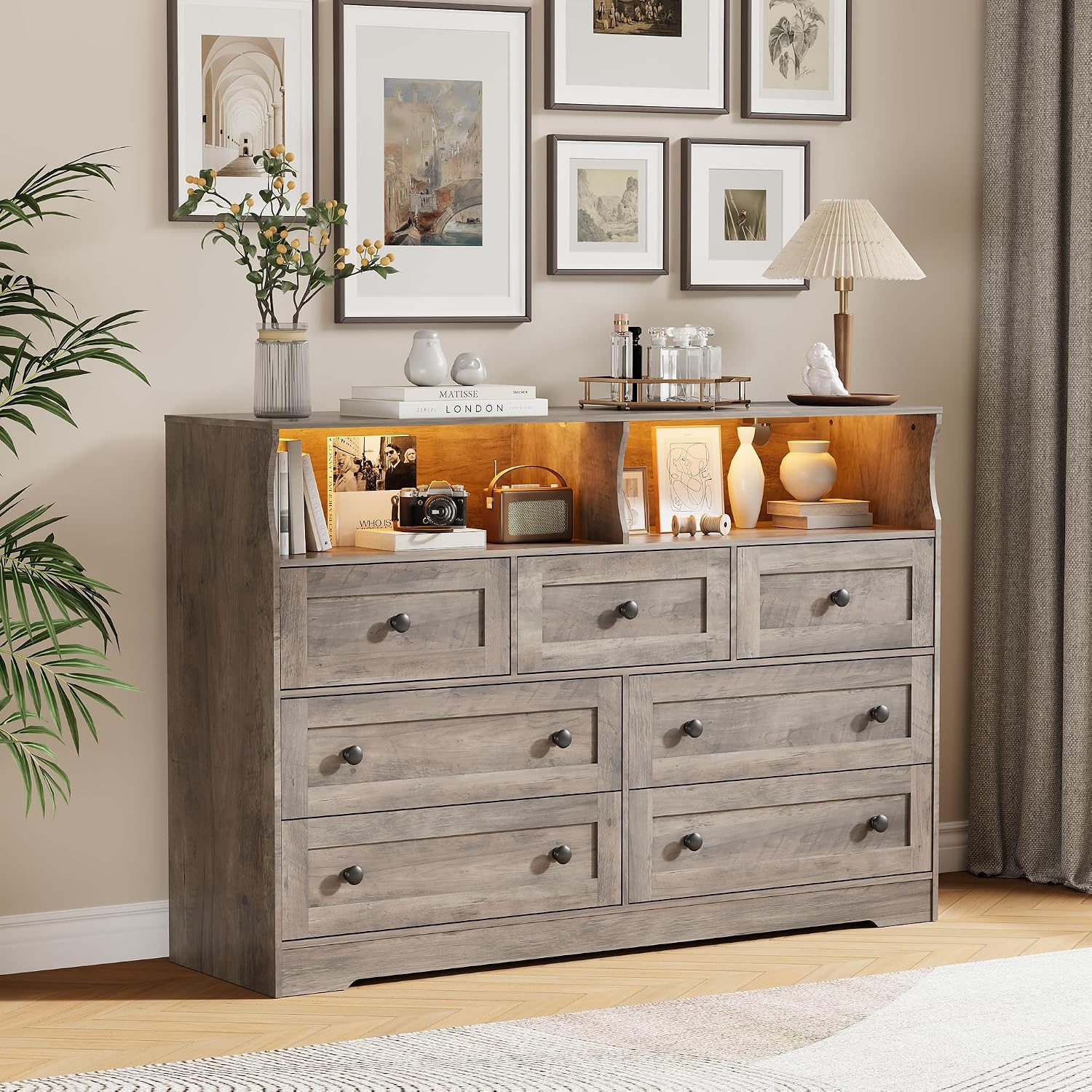 IDEALHOUSE Dresser for Bedroom with 7 Drawers, LED Lights & Charging Station, Wooden Chest with 2 Open Compartments, Freestanding Storage Organizer for Closet, Nursery, Entryway, Light Brown