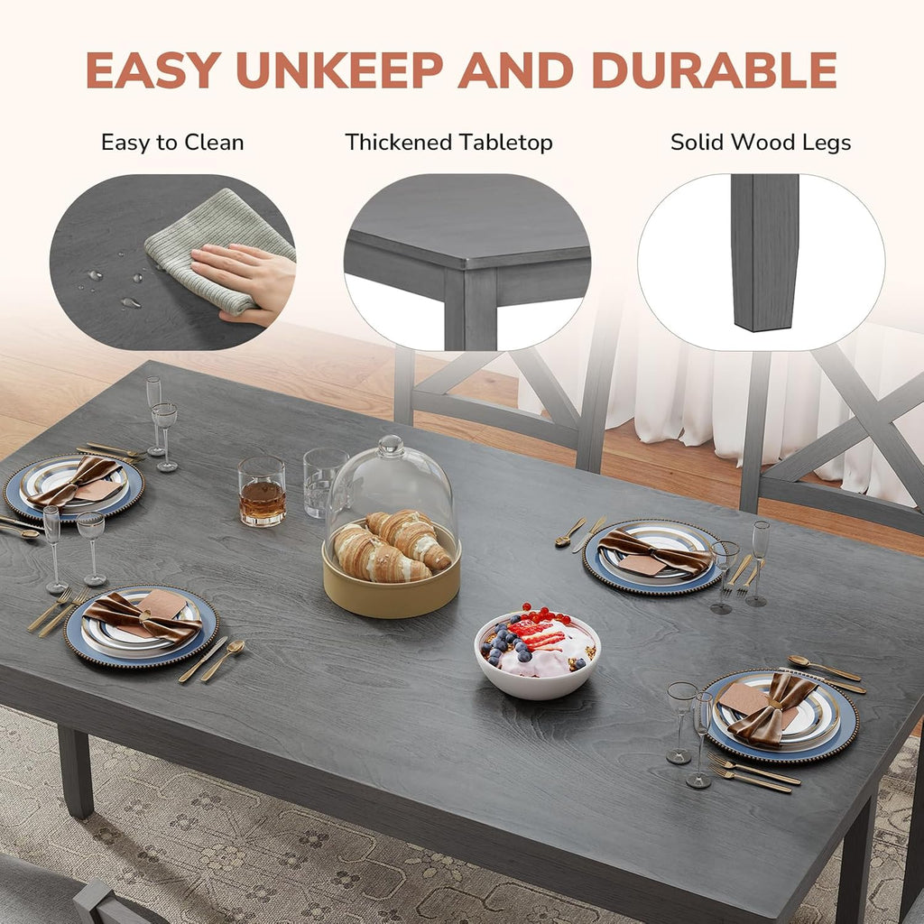 Zevemomo 7-Piece Solid Wood Dining Table Set with 6 Upholstered Chairs, Space Saving Dinner Table & Chairs Set, Farmhouse Wooden Legs Dining Table Set for Living Room, Kitchen, Grey