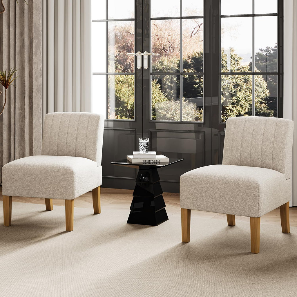 Armless Accent Chairs Set of 2 for Bedroom, Bedroom Chair for Bedroom Living Room Chair with Solid Wood Legs, Makeup Vanity Chair Fabric Comfy Upholstered Reading Chair Accent Chair,Beige