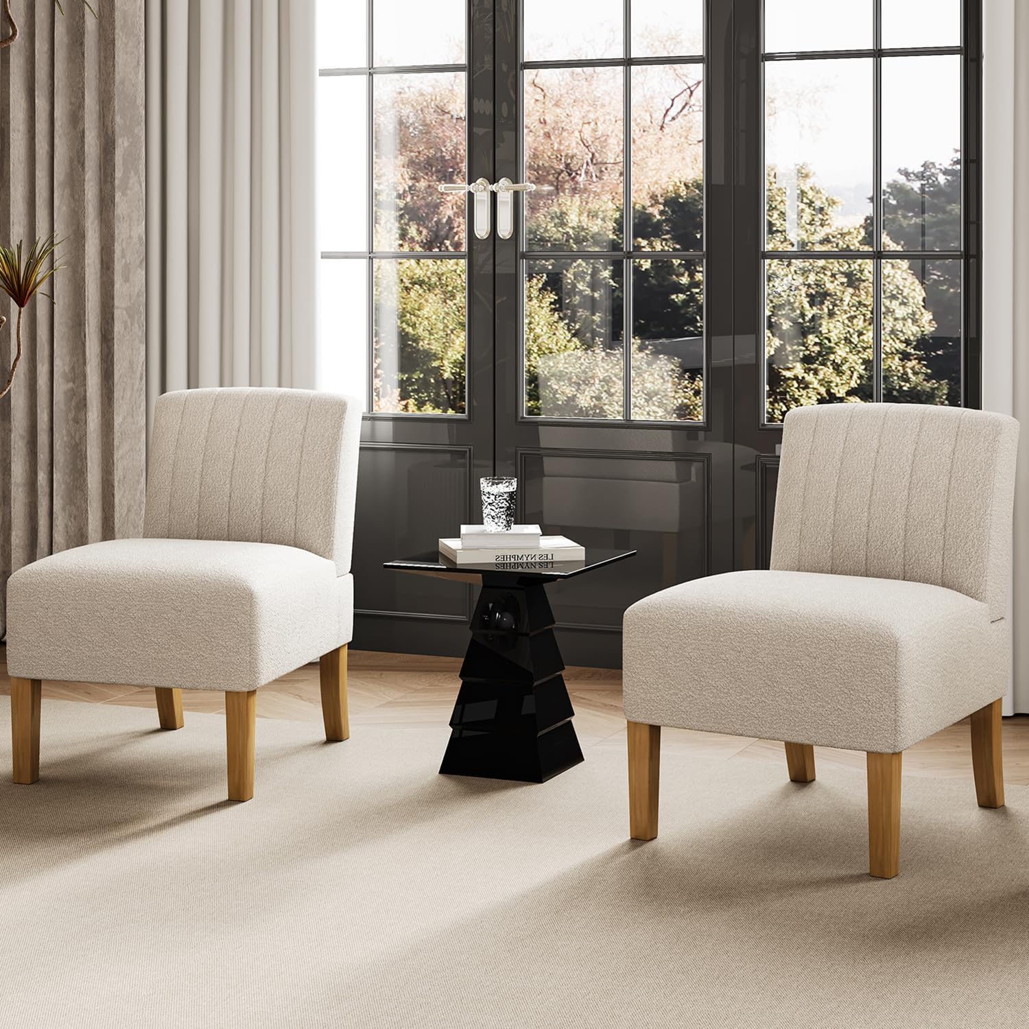 Armless Accent Chairs Set of 2 for Bedroom, Bedroom Chair for Bedroom Living Room Chair with Solid Wood Legs, Makeup Vanity Chair Fabric Comfy Upholstered Reading Chair Accent Chair,Beige