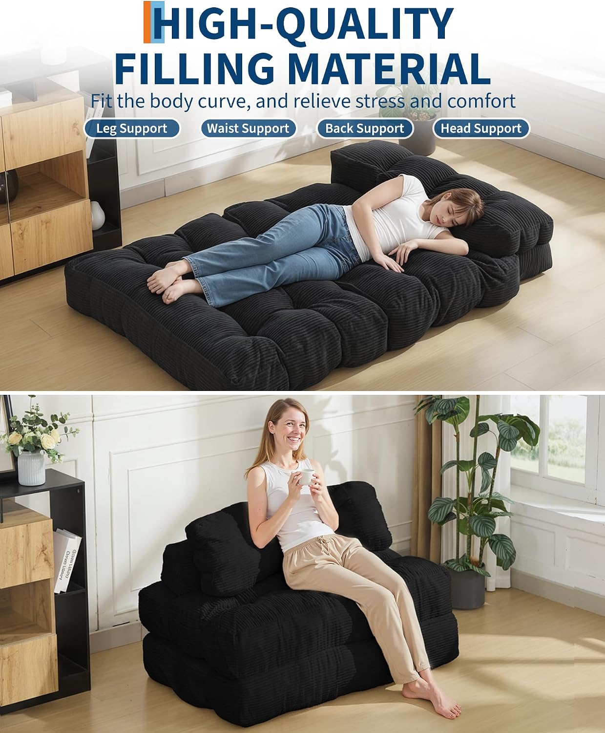 Garvee Folding Sofa Bed, Convertible Sleeper Chair with Pillow Foldable Mattress with Back Support, Boneless Fold Out Chair Bed Comfy Floor Sofa Lounge for Living Room, Bedroom, Dark Gray, Full