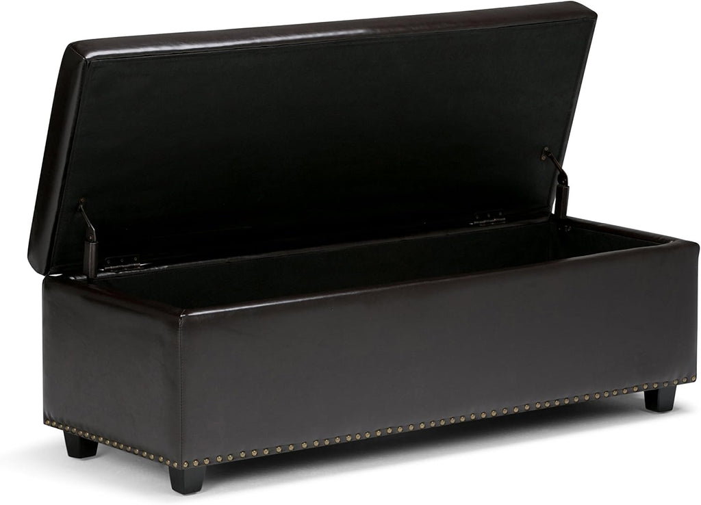 SIMPLIHOME Hamilton Storage Ottoman - 48 inch Wide Upholstered Vegan Leather Rectangle Storage Ottoman Bench in Coffee Brown, Traditional Tufted Ottoman for Living Room or Entryway with Lift-Up Lid