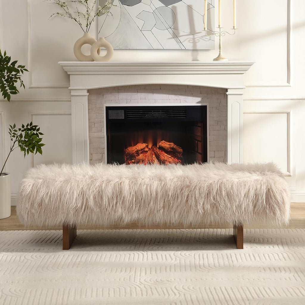 Christopher Knight Home Lenka 67' Long-haired Faux Wool Bedroom Bench, Rubberwood Ottoman Bench, Spacious Seating, Long Footstool for Living Room, Luxury Entryway Bench, Brown+Beige