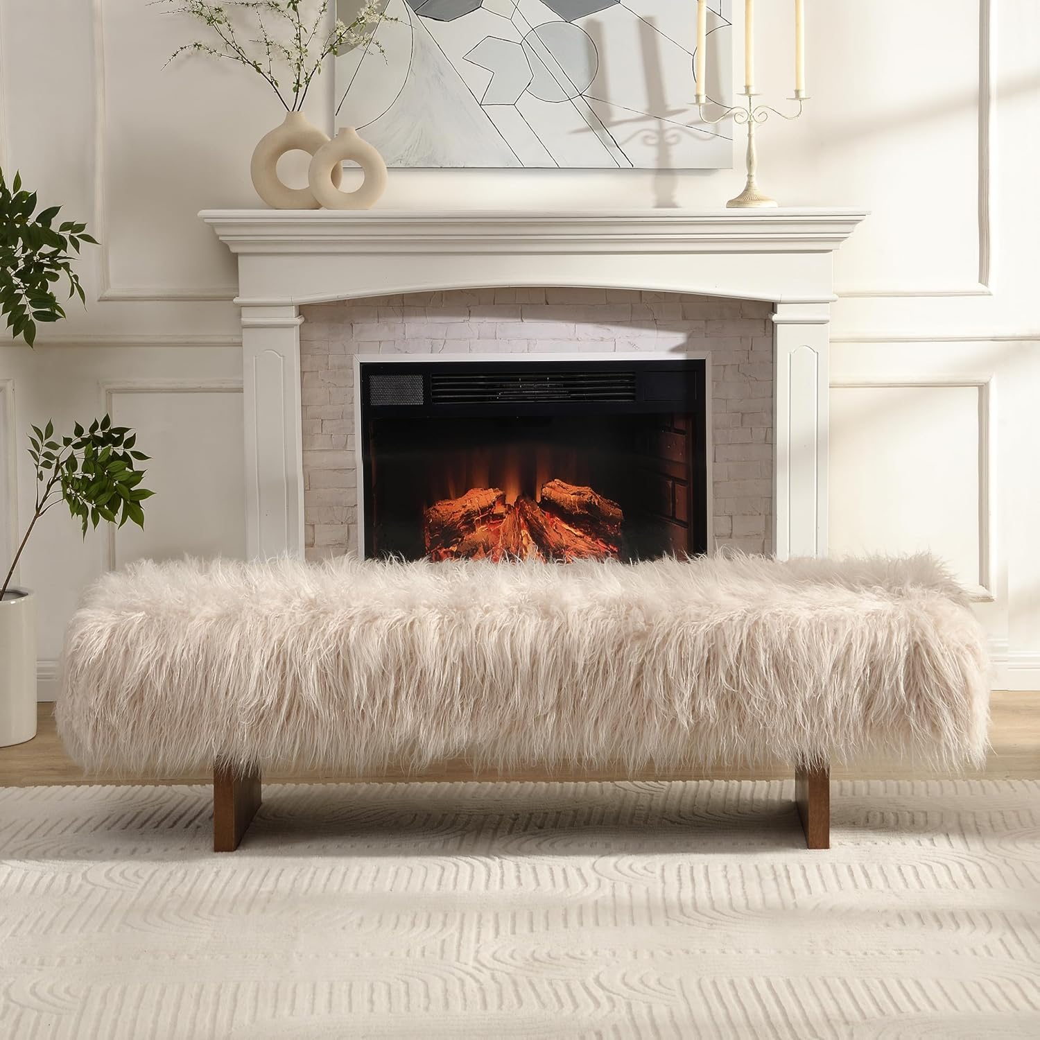 Christopher Knight Home Lenka 67' Long-haired Faux Wool Bedroom Bench, Rubberwood Ottoman Bench, Spacious Seating, Long Footstool for Living Room, Luxury Entryway Bench, Brown+Beige