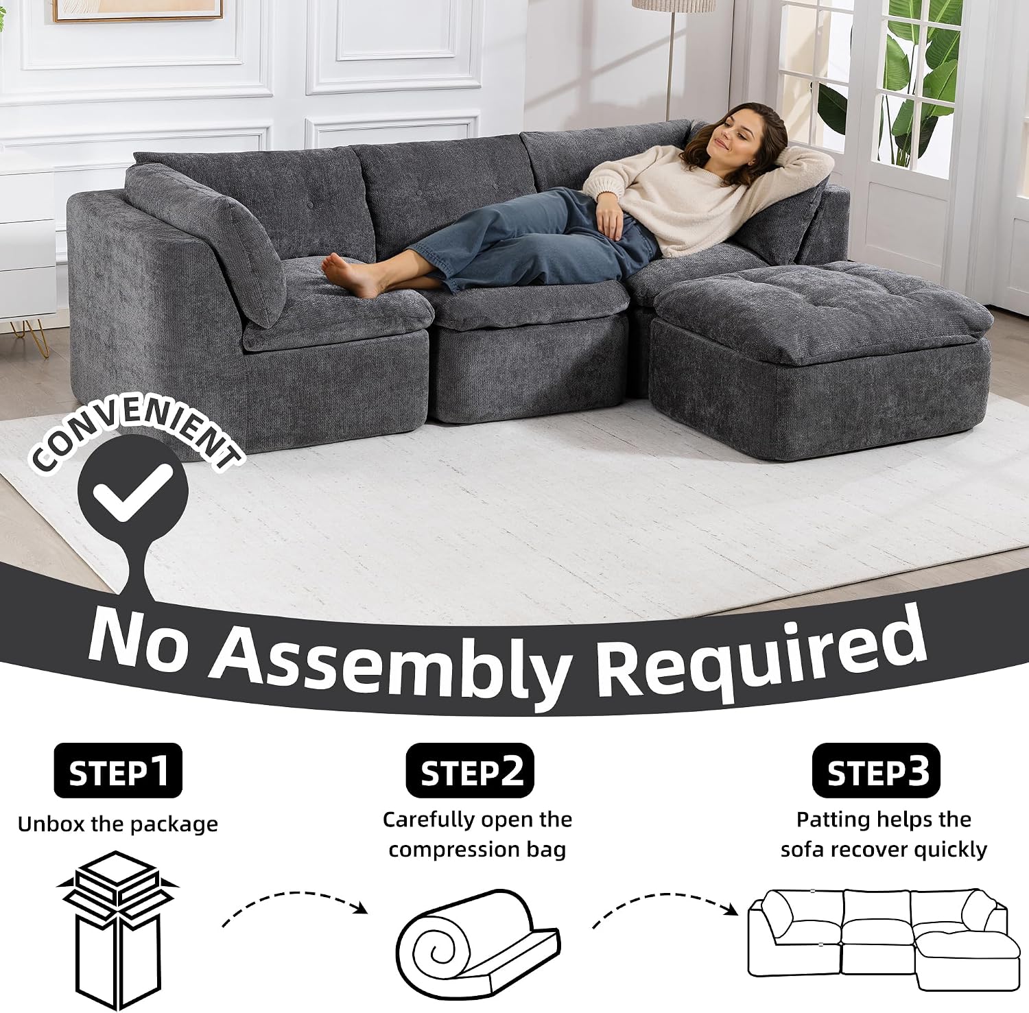 Tufted Cushions Cloud Sectional Boneless Sectional Sofa with Movable Ottoman, 112' Oversized Modular Convertible L Shaped Corner Couch with Deep Seat,Memory Foam Compressed Sofa