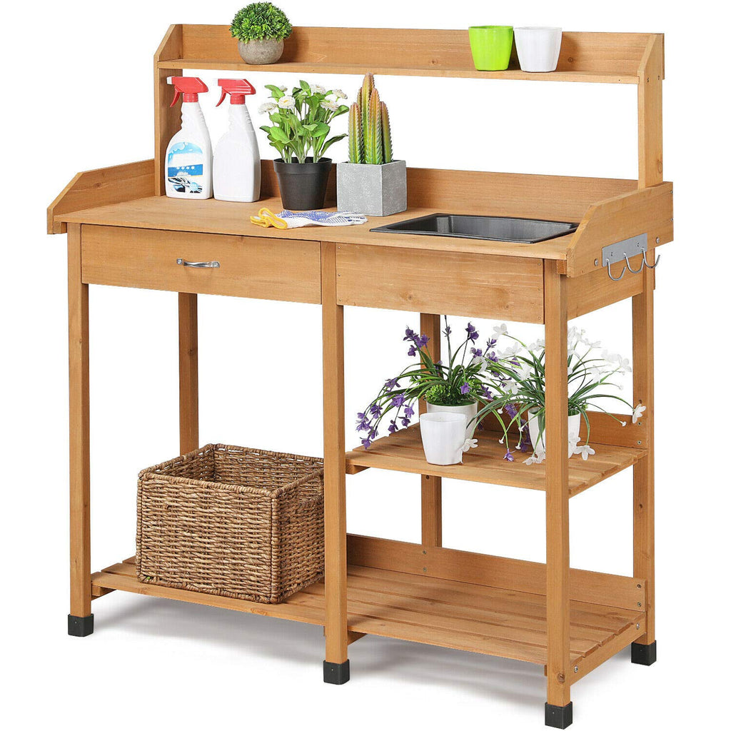 48' Wooden Outdoor Indoor Planting Gardening Garden Potting Bench Workbench Workstation Table Removable Sink Drawer 2 Tiers Storage Shelves Rack Open Shelf 3 Side Hooks Gardening Supplies Tools Storag