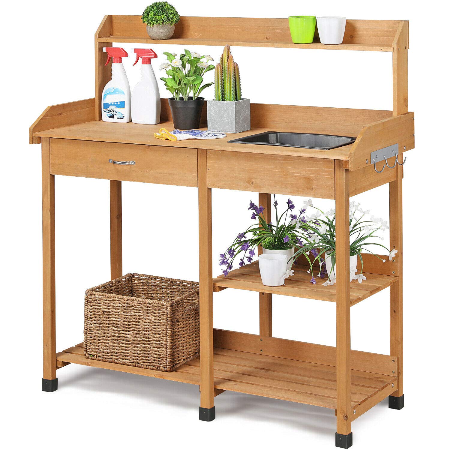 48' Wooden Outdoor Indoor Planting Gardening Garden Potting Bench Workbench Workstation Table Removable Sink Drawer 2 Tiers Storage Shelves Rack Open Shelf 3 Side Hooks Gardening Supplies Tools Storag