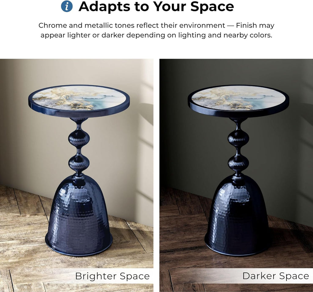 Homes: Inside + Out Halric Modern 25' Tall Round End Table with Decorated Tabletop and Iron Metal Base, Accent Furniture, Elegant Pedestal Stand for Living Room, Home Office, Chrome Blue