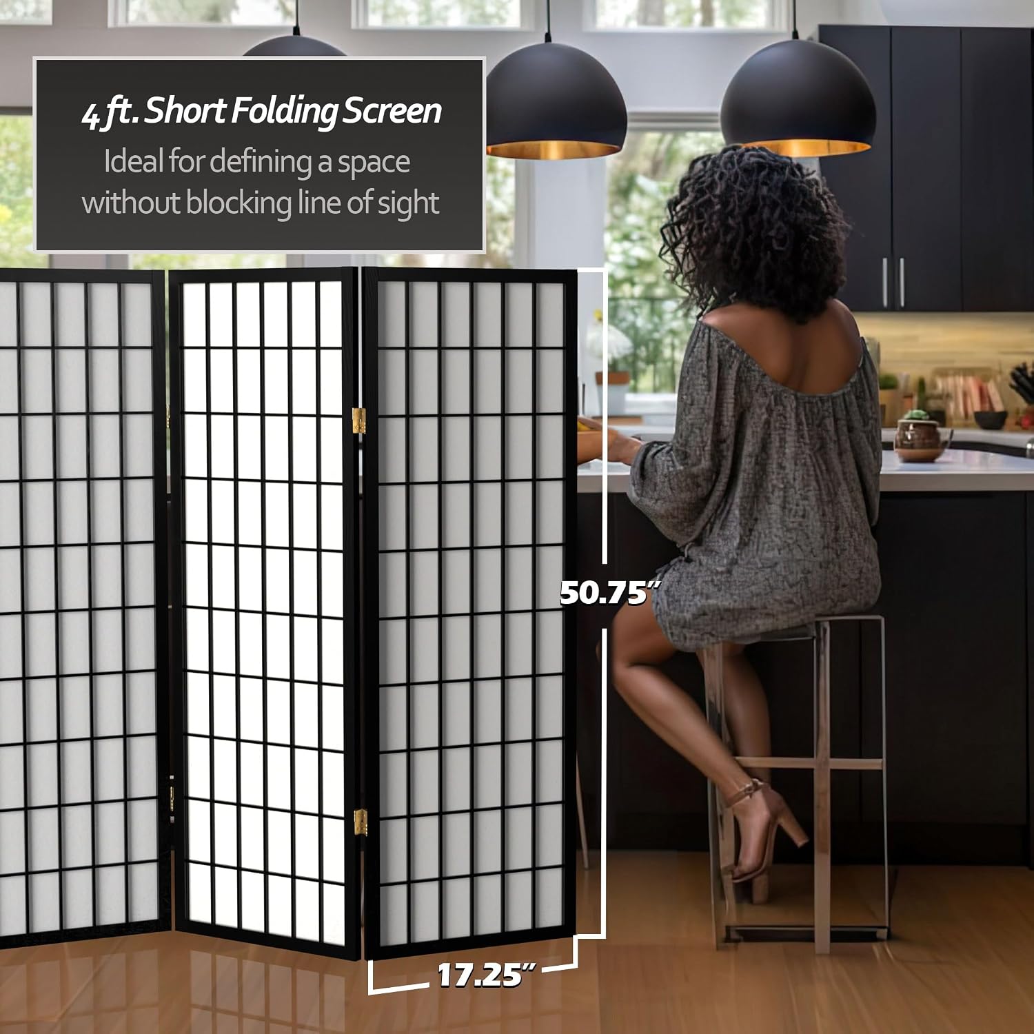 4 ft. Short Window Pane Shoji Screen - Black - 3 Panels