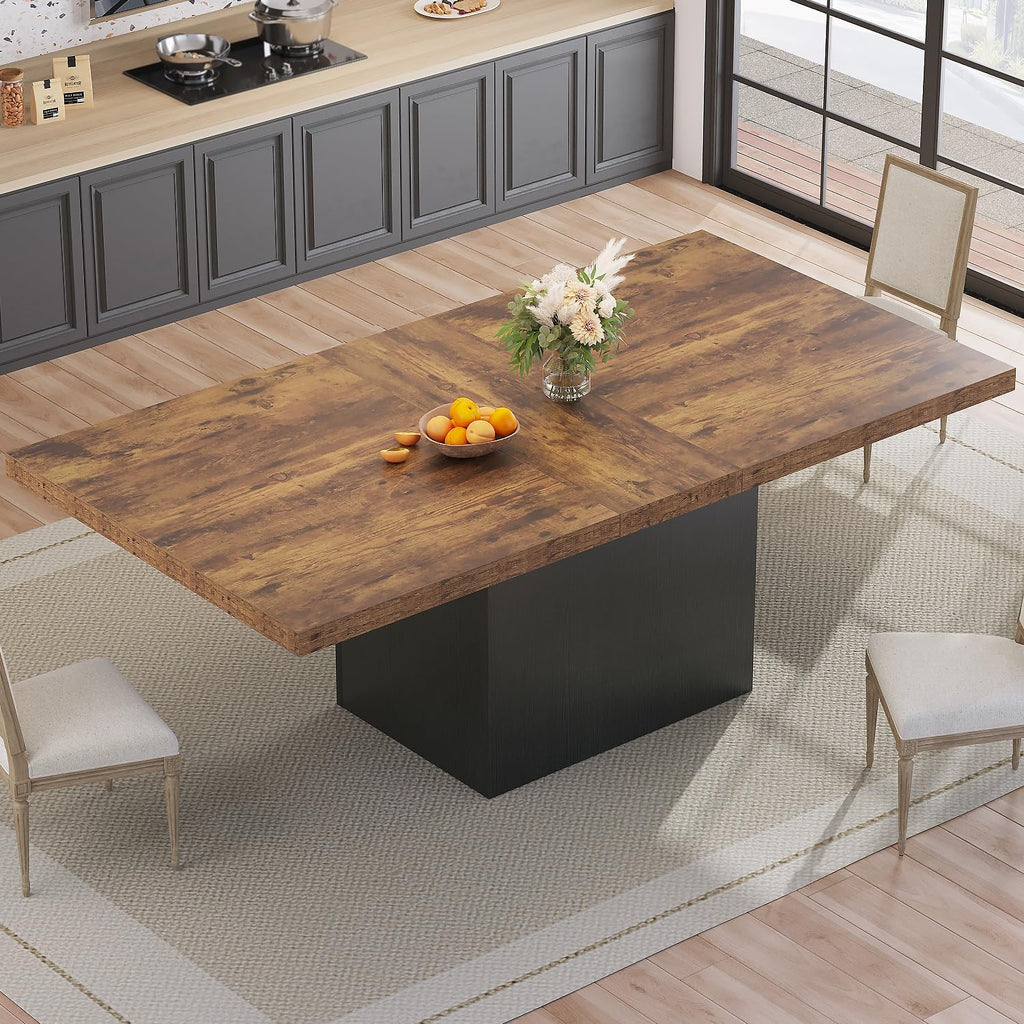 HSH Dining Table for 6 to 8, 71' Wood Rectangular Dinner Table, 6 ft Industrial Kitchen Table only with Black Pedestal, Modern Large Dining Room Table for Home Gathering Office, Rustic Brown, 71 Inch