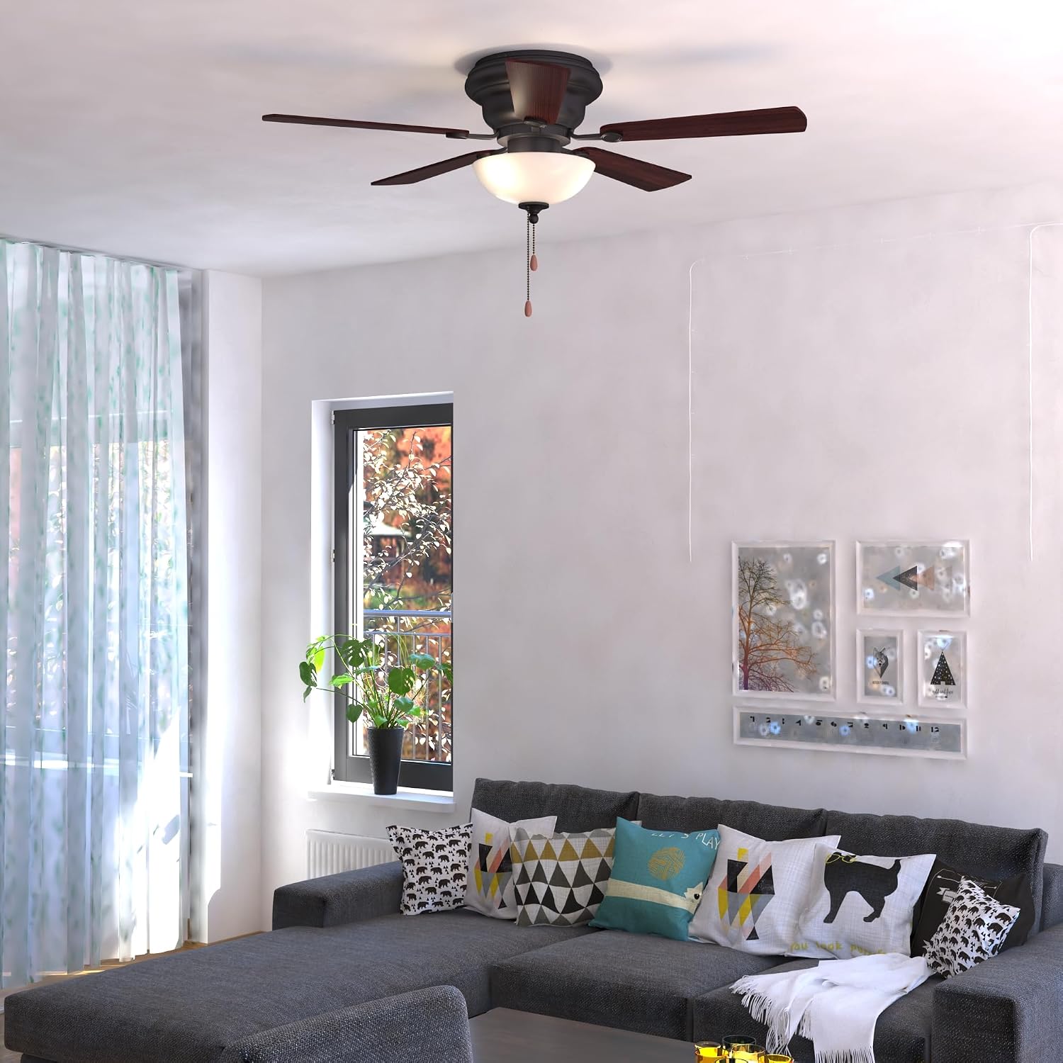 VAXCEL Expo 42 in. Noble Bronze Indoor Low Profile Flush Mount Traditional Ceiling Fan with Reversible Dark Bronze-Driftwood Blades, LED Light Kit and Pull Chain, 3 Speeds, Etched White Glass Shade