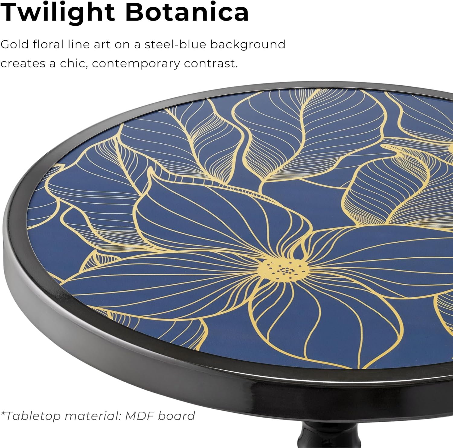 Homes: Inside + Out Halric Modern 24' Tall Round End Table with Decorated Tabletop and Iron Metal Base, Accent Furniture, Elegant Pedestal Stand for Living Room, Home Office, Black with Floral Print