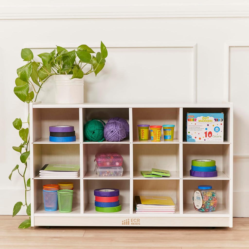 ECR4Kids 12 Cubby Mobile Tray Storage Cabinet, 3x4, Classroom Furniture, White Wash