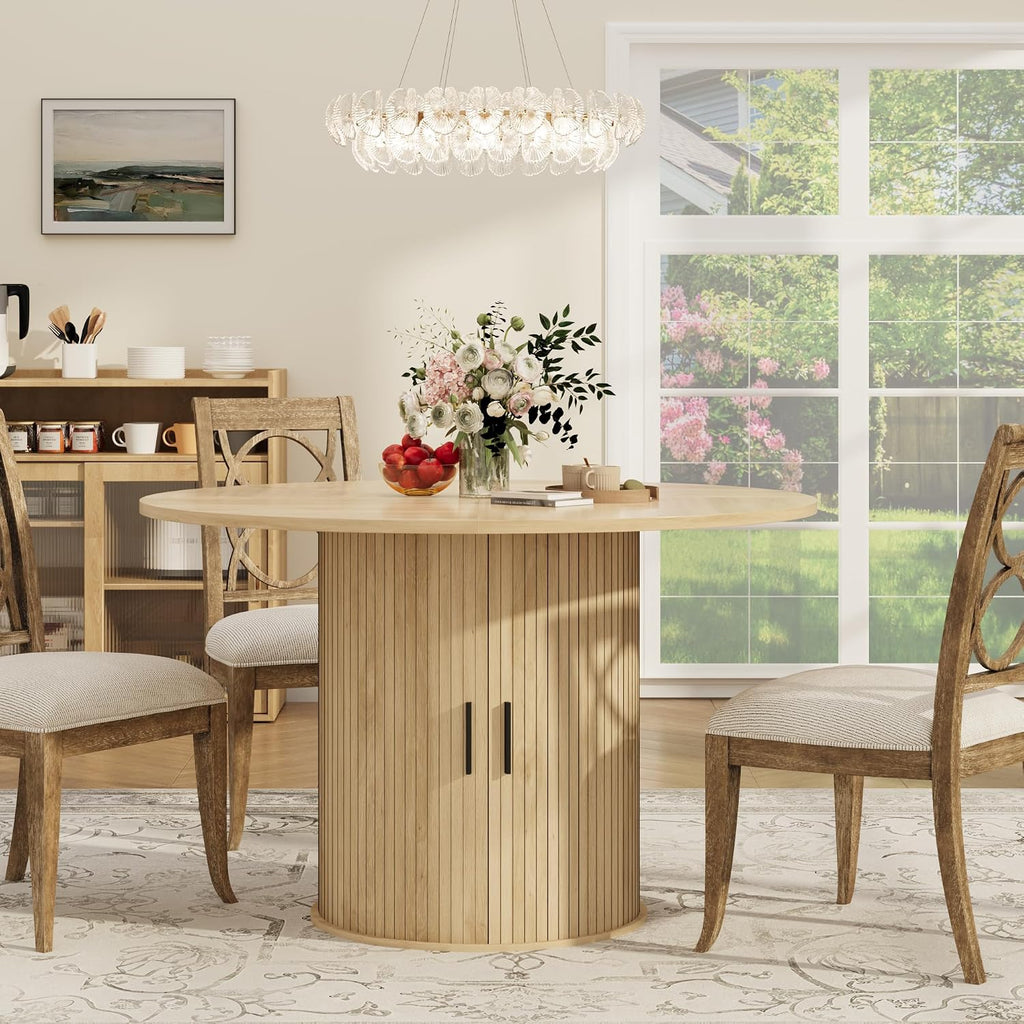 Garvee 47 Inch Round Dining Table for 4, Kitchen Table Dinner Table with 2-Layer Storage Shelf and Wood Slide Door for Home Dining Room Living Room