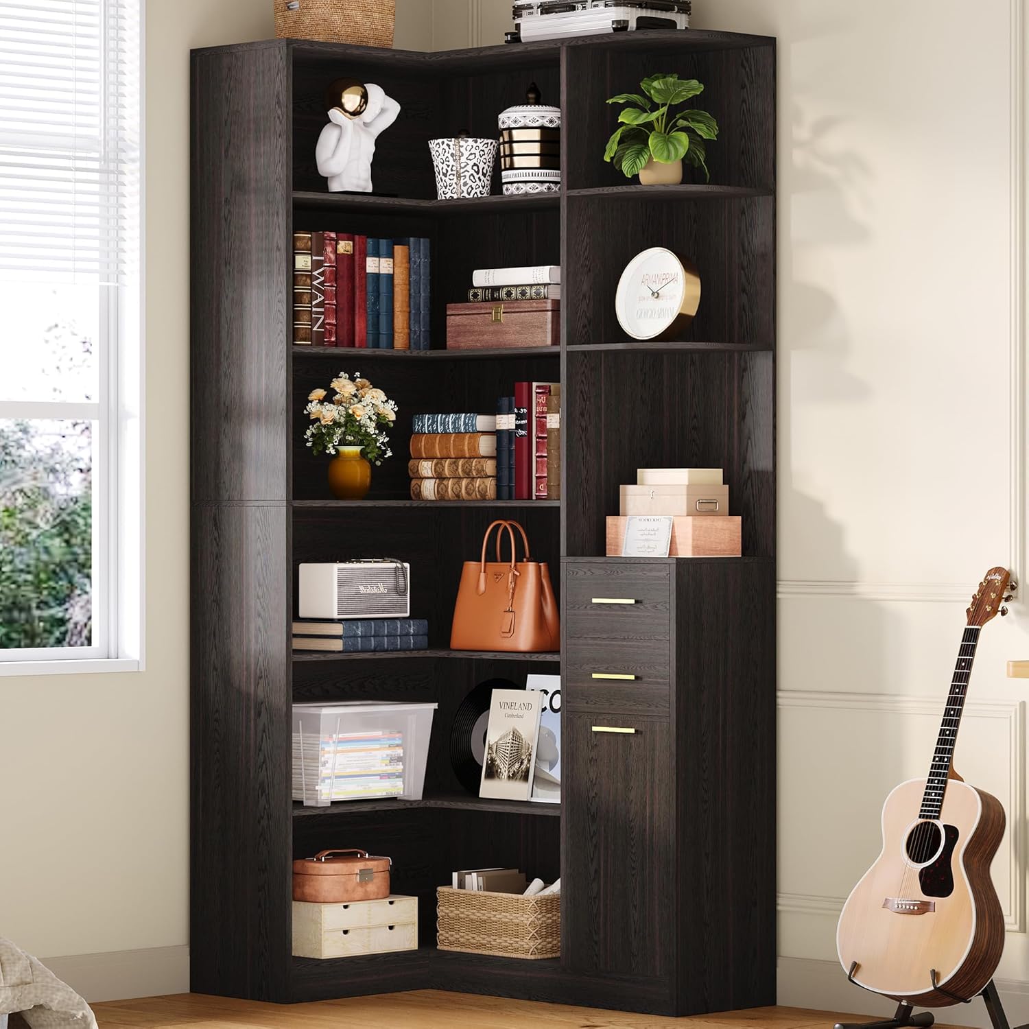 IRONCK Corner Bookshelf, 76' Tall Corner Bookshelves, 6 Tiers L-Shaped Bookcase with 10 Open Shelves and 2 Storage Drawers for Living Room or Home Office, Dark Brown