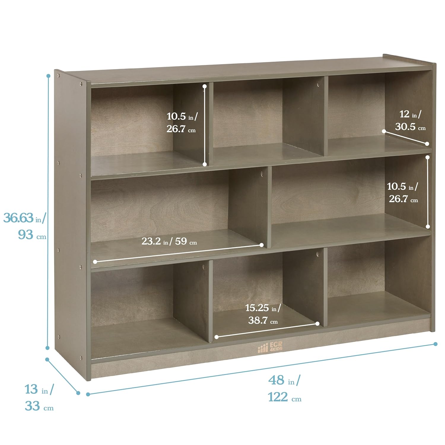 ECR4Kids 8-Compartment Mobile Storage Cabinet, Elementary, Classroom Furniture, Grey Wash