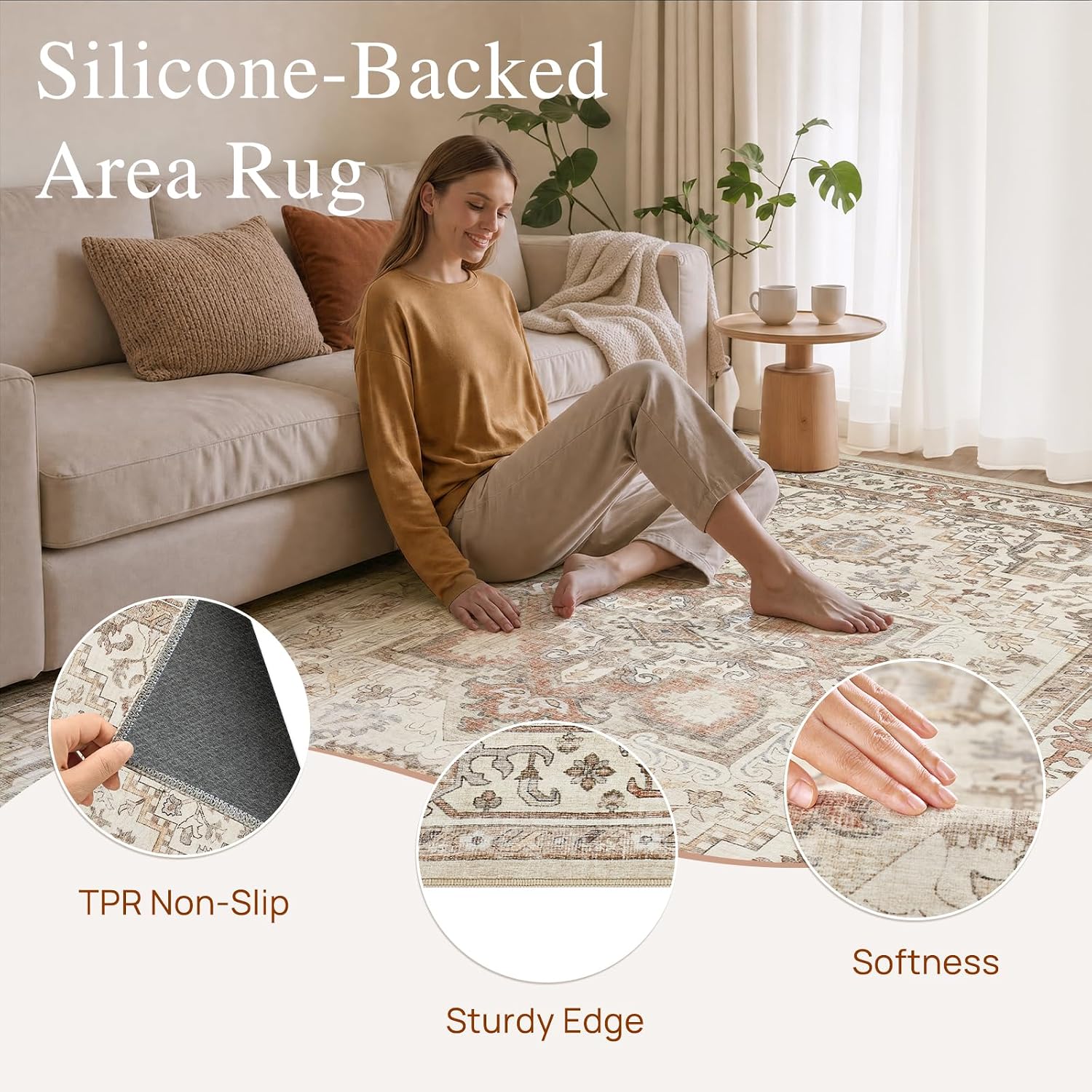 Washable Rug 9x13 Area Rugs: Boho Vintage Distressed Oriental Medallion Neutral Thin Large Rug Carpet for Living Room Bedroom Dining Room Home Office Decor - Beige