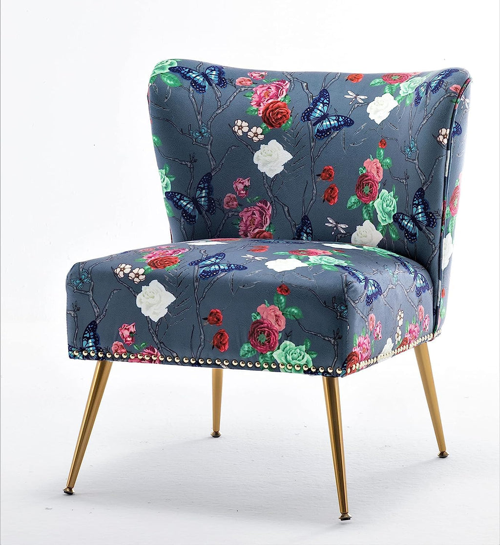 Container Furniture Direct Thia Armless Accent Chair for Living Room, Elegant Seat with Nailhead Trim, Gold Metal Legs and Comfortable Curved Back, 28' D x 25' W x 29.5' H, 07 Floral Print