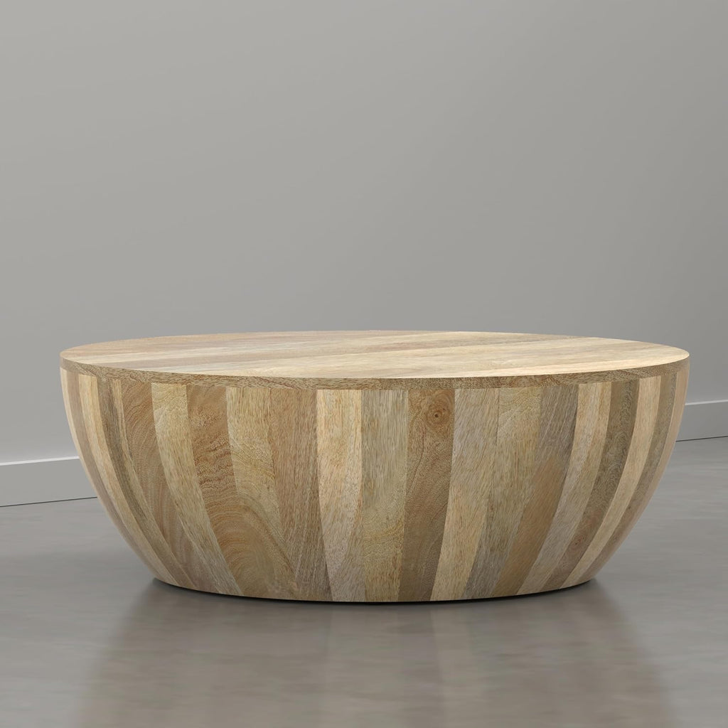 SIMPLIHOME Elmbrook Coffee Table - 34 inch Wide Solid Mango Wood Modern Industrial Round Drum Cocktail Table in Natural Blonde, Sculptural Living Room Table with Low Profile Design, Assembled