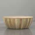 SIMPLIHOME Elmbrook Coffee Table - 34 inch Wide Solid Mango Wood Modern Industrial Round Drum Cocktail Table in Natural Blonde, Sculptural Living Room Table with Low Profile Design, Assembled