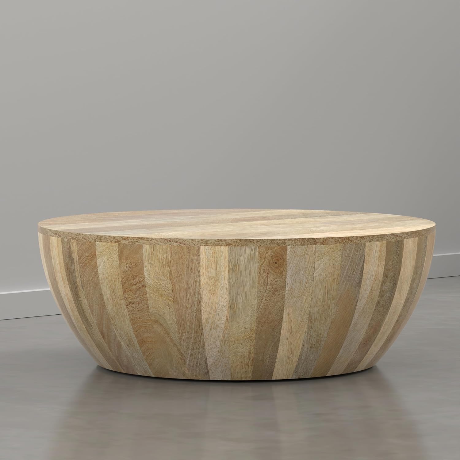 SIMPLIHOME Elmbrook Coffee Table - 34 inch Wide Solid Mango Wood Modern Industrial Round Drum Cocktail Table in Natural Blonde, Sculptural Living Room Table with Low Profile Design, Assembled