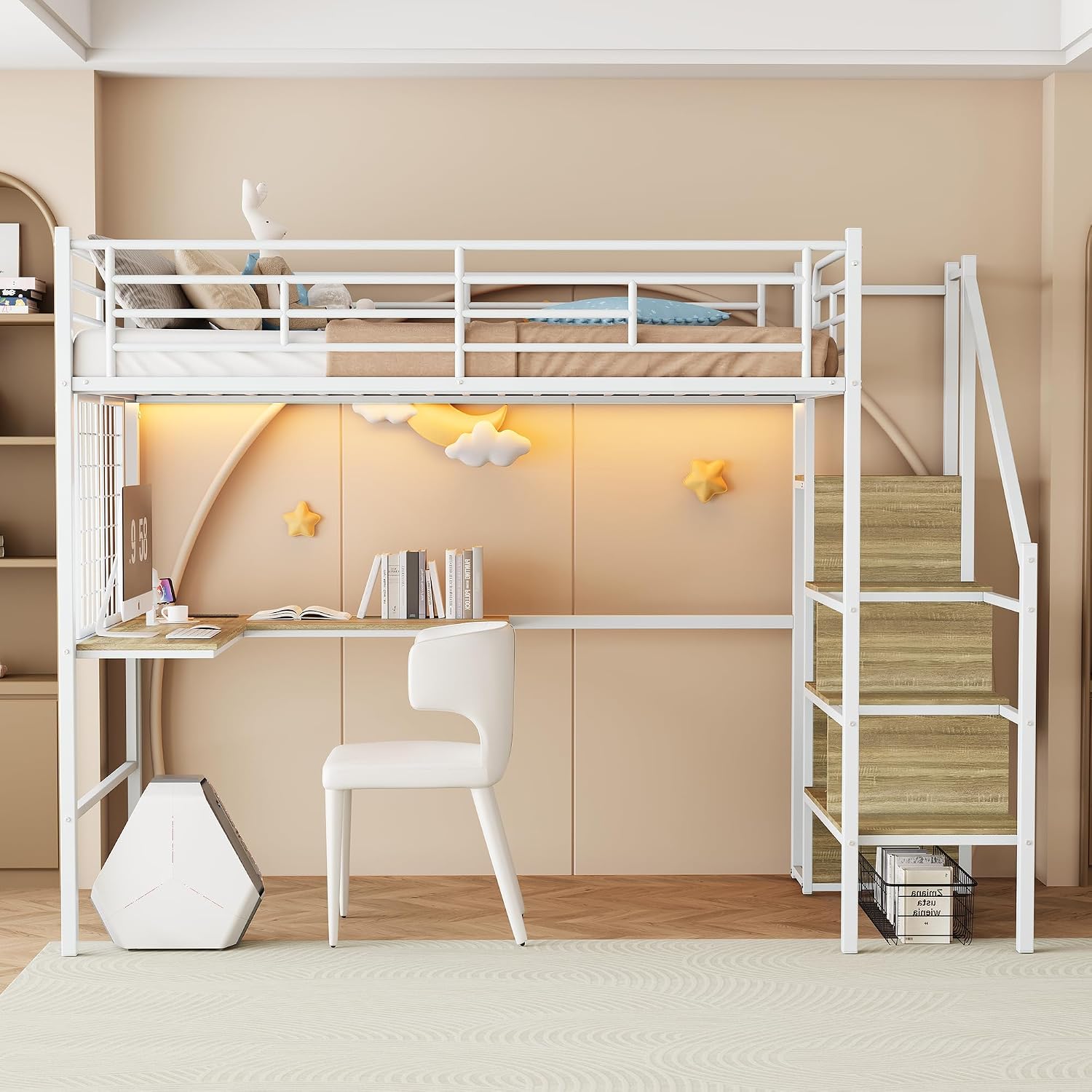 Twin Size Metal Loft Bed with L-Shaped Desk & Storage Wardrobe, Heavy Duty Bed Frame w/Reversible Stairs (Built-in Storage) + USB Port, Space-Saving Noise-Free, No Box Spring Needed