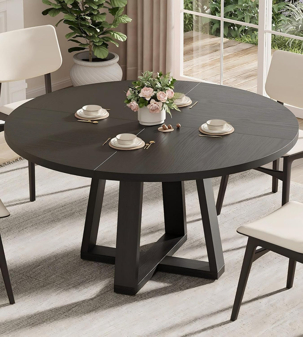 IDEALHOUSE 47 Inch Round Dining Table for 4-6 People, Circle Kitchen Table with Cross Base, Farmhouse Wood Dinner Table for Apartment, Black