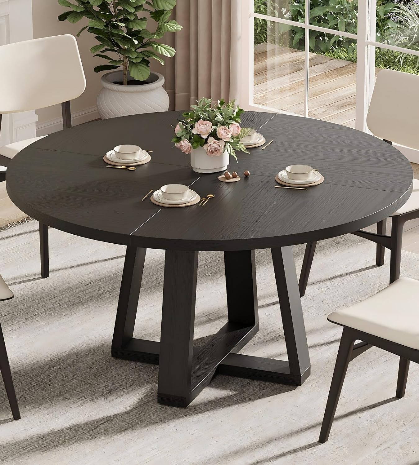 IDEALHOUSE 47 Inch Round Dining Table for 4-6 People, Circle Kitchen Table with Cross Base, Farmhouse Wood Dinner Table for Apartment, Black