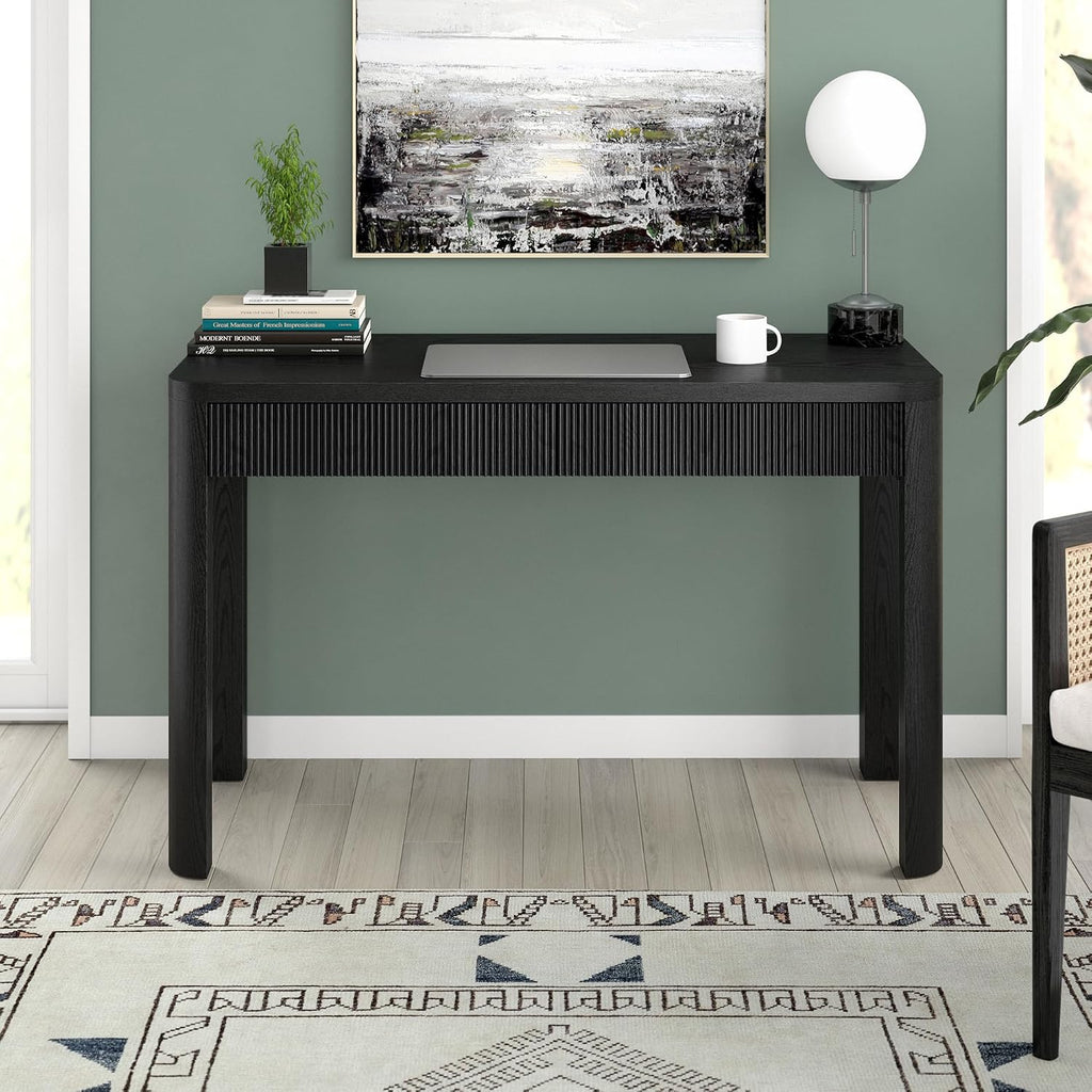 Henn&Hart 48' Fluted Modern Rectangular Wooden Home Office Desk Computer Desk Writing Table with 2 Ribbed Storage Drawers for Bedroom, Living Room, or Home Office, Natural Black