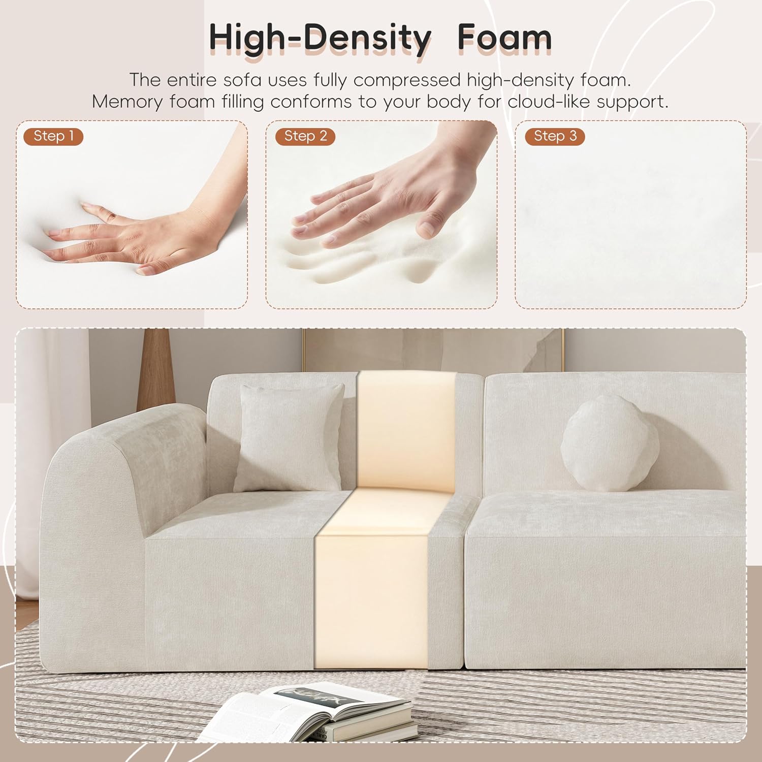 Christopher Knight Home Grelyn Modern Curved Modular Sectional Sofa, Wool Fabric Large Cloud Couch, 6-Seater L-Shaped Couch for Living Room, 3-Piece Lounge Sofa with Chaise, Fully Assembled, Beige