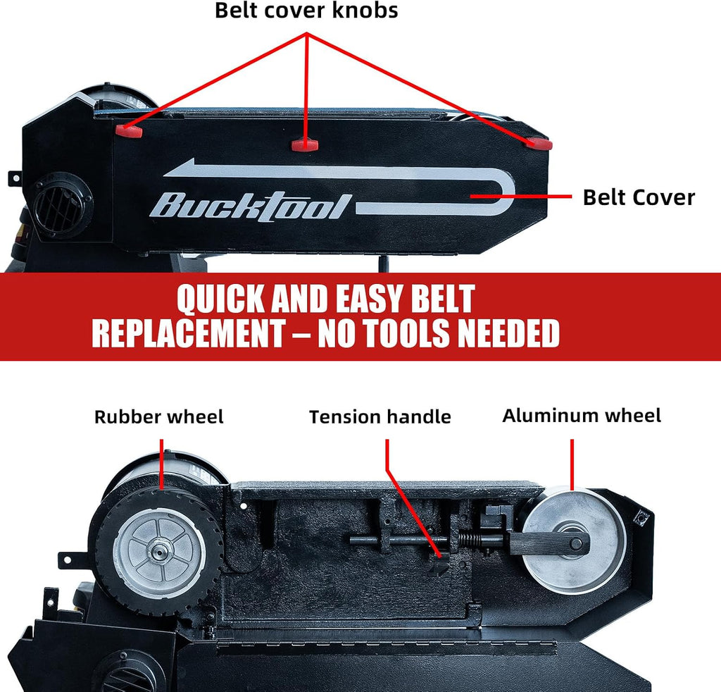 Bucktool 2 x 48 Belt Sander, 1 HP 7A 4500 FPM Bench Belt Sander for Knife Making, Metalworking and Stock Removal, Flat and Curved Sanding Design, Quick Belt Change