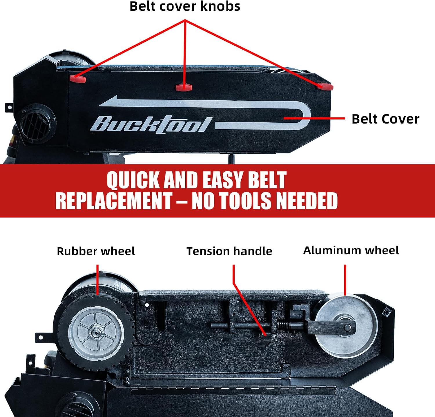 Bucktool 2 x 48 Belt Sander, 1 HP 7A 4500 FPM Bench Belt Sander for Knife Making, Metalworking and Stock Removal, Flat and Curved Sanding Design, Quick Belt Change