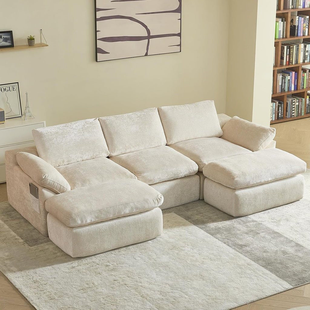 Vamcheer U Shaped Cloud Couch - Utra Soft Modular Sectional Sofa with 2 Movable Ottoman, Deep Seat Boneless Couches for Living Room, Bedroom, Office, No Assembly Required, Beige
