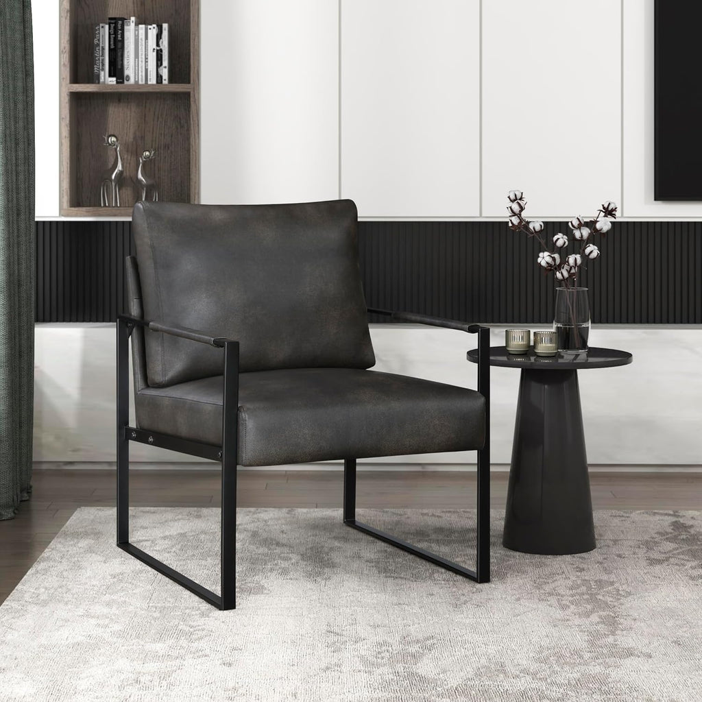 Lexicon Modern Accent Chair, Faux Leather Upholstered Living Room Chair With Wrapped Armrests,Arm Chair With Black Metal Frame,Comfy Single Chair For Living Room/Bedroom/Reading Room/Office,Dark Brown
