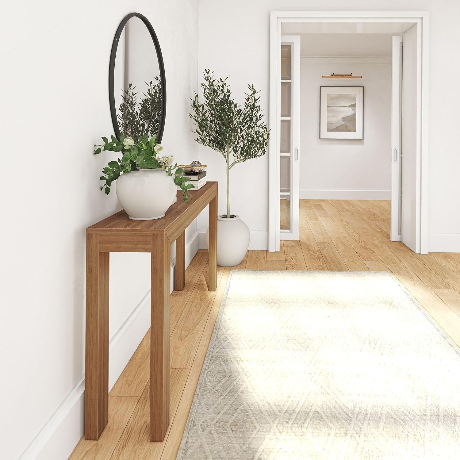 Plank+Beam Modern Solid Wood Console Table, 56 Inch, Sofa Table, Narrow Entryway Table for Hallway, Behind the Couch, Living Room, Foyer, Easy Assembly, Pecan
