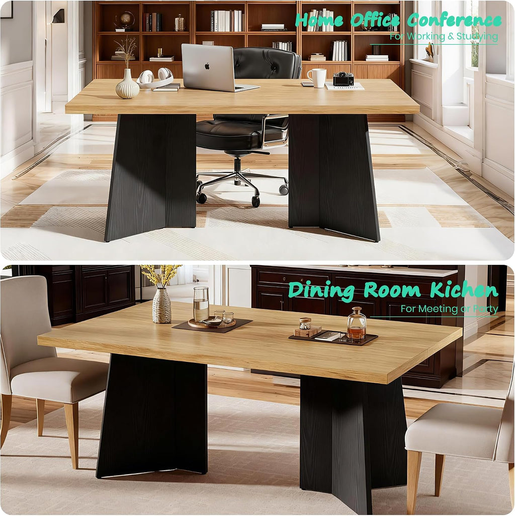 GarveeHome Dining Table for 6-8 People - 63' Modern Long Kitchen Table with Large Tabletop & Heavy Duty Pedestal Legs, Dinner Table for Kitchen, Conference Room, Home, Natural & Black