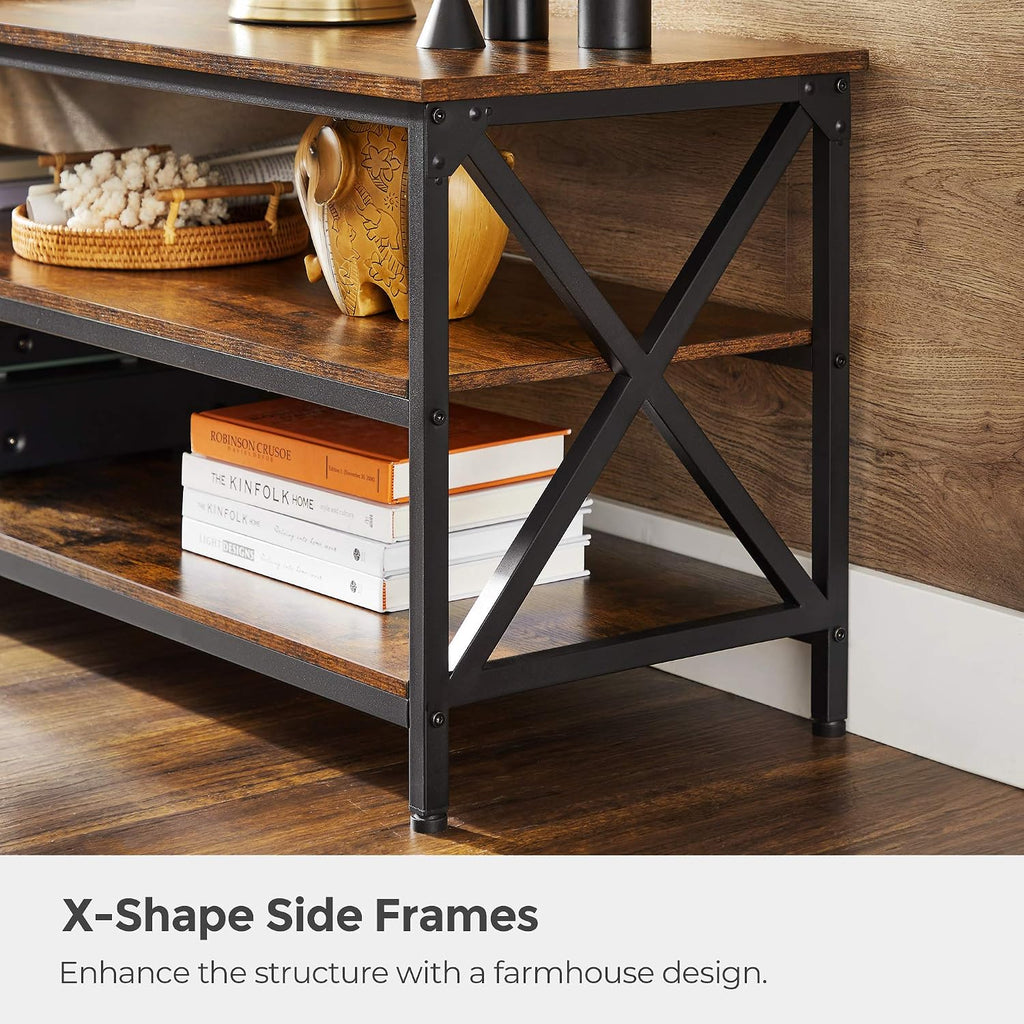 VASAGLE TV Table for up to 65 Inches TVs, Media TV Console with Shelves, Farmhouse Industrial, TV Stand for Living Room, 57.9 x 15.7 x 19.7 Inches, Rustic Brown and Black ULTV100B01
