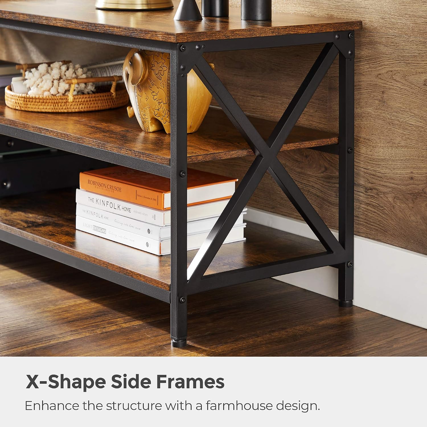 VASAGLE TV Table for up to 65 Inches TVs, Media TV Console with Shelves, Farmhouse Industrial, TV Stand for Living Room, 57.9 x 15.7 x 19.7 Inches, Rustic Brown and Black ULTV100B01