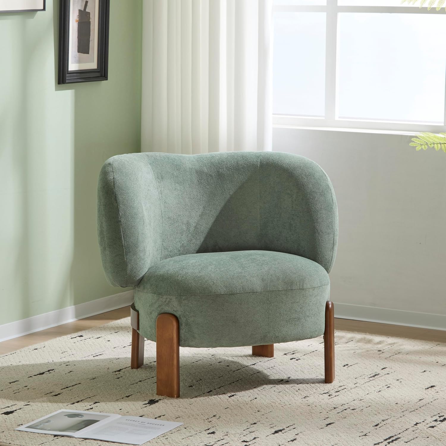 Christopher Knight Home Lily Solid Wood Wingback Accent Chair, Fabric Upholstered Club Chair, Curved Backrest Single Sofa, Comfy Reading Lounge Chair for Living Room, Soft Cushion Seating, Green