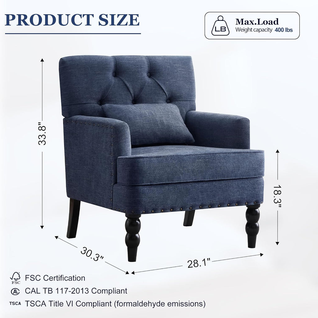 HUIMO Set of 2 Accent Chairs for Living Room, Tufted Upholstered Club Chairs with Lumbar Pillows, Vintage Reading Armchairs with Solid Wood Legs for Bedroom Apartment, Indigo Blue
