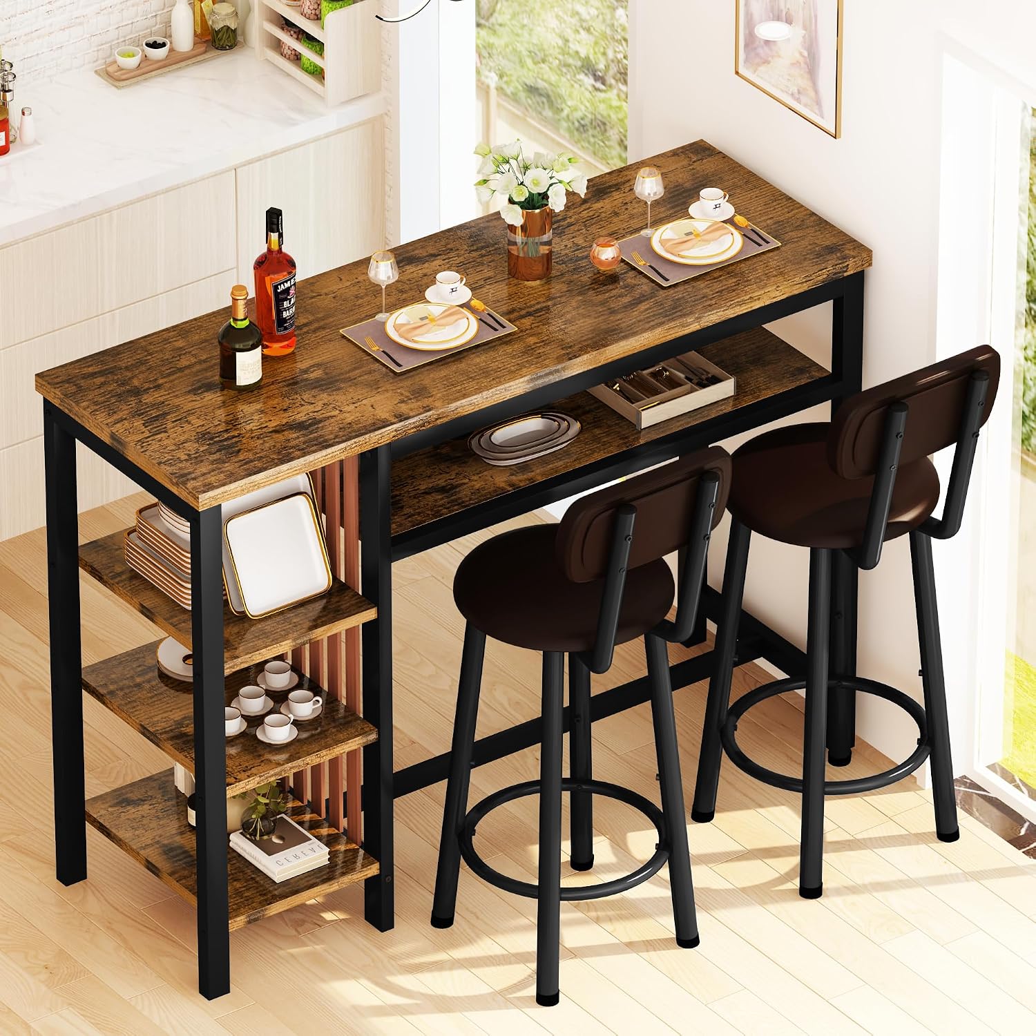 Recaceik 3 Piece Bar Dining Table Set, Modern Bar Table and Stools for 2, Kitchen Counter Height Dining Table Set with 4 Storage, Breakfast Nook Set Pub Table with Backrest