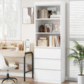 GarveeHome 70 in Bookcase with Drawers, Tall Bookshelf Farmhouse Bookcases Wooden Deep Bookshelves Storage Cabinet Organizer for Living Room, Study, Kitchen, Home Office(A-White)